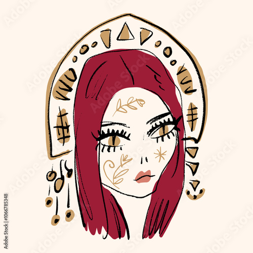 Redhead podium fashion glamour slavic girl, national kokoshnik corbel arch costume, beauty makeup and leopard print dress glam fast sketch portrait abstraction, vector illustration clipart abstract