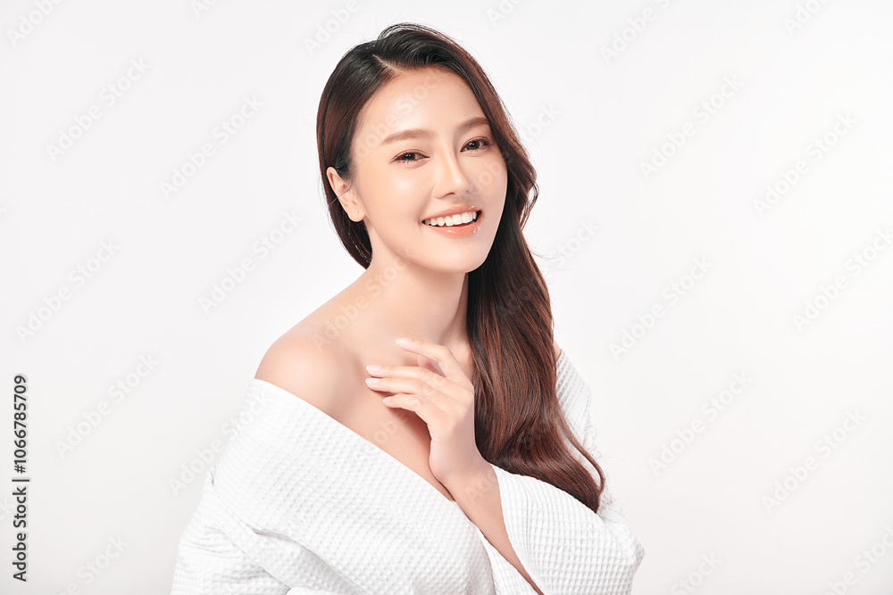 Beautiful young asian woman with clean fresh skin on white background, Face care, Facial treatment, Cosmetology, beauty and spa, Asian women portrait.