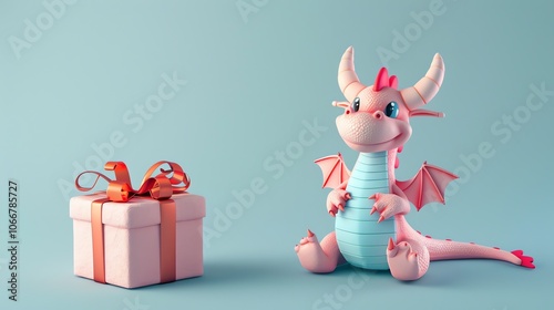 A cute pink dragon sits next to a pink gift box with a red bow against a blue background.