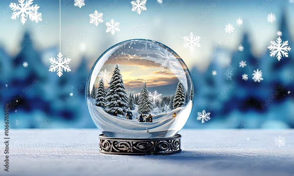 A winter wonderland in a snow globe captures a serene landscape of snowy trees and a glowing sunset