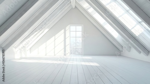 Scandinavian loft in the attic with framed roof construction and white plastered walls exemplifies minimalist style. Perfect photo style composition with copy space for design inspiration.