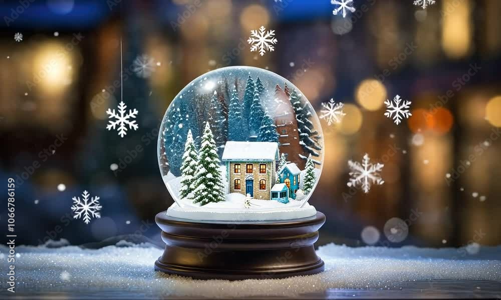 Captivating winter wonderland in a snow globe featuring a charming cottage and serene forest backdrop