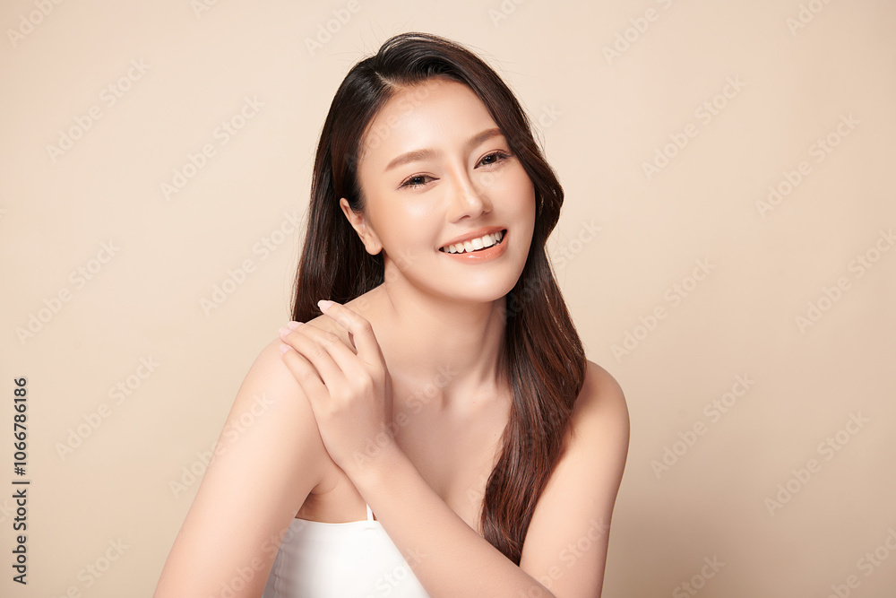 Beautiful young asian woman with clean fresh skin on beige background, Face care, Facial treatment, Cosmetology, beauty and spa, Asian women portrait. Beautiful young asian woman with clean fresh skin on beige background, Face care, Facial treatment, Cosmetology, beauty and spa, Asian women portrait.