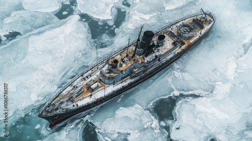 Aerial view of a large gunboat resting on ice, emphasizing the unique features of the large gunboat in a frozen landscape with ample photo space. photo