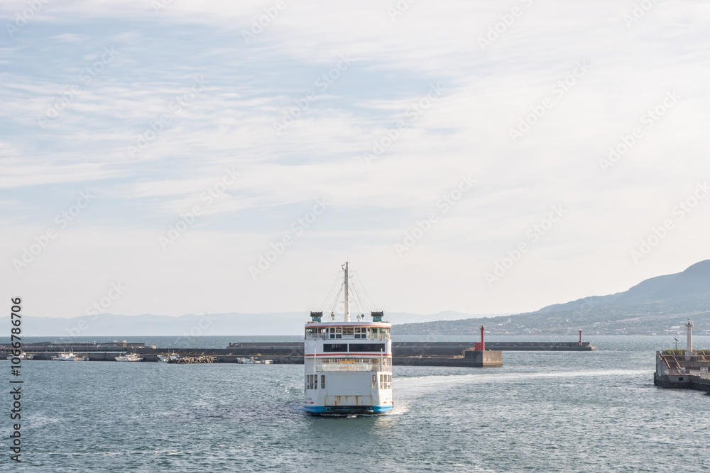 Ferry Sakurajima, boat or ship for conveying passenger between Kaogshima Port and Sakurajima Port Ferry Sakurajima, boat or ship for conveying passenger between Kaogshima Port and Sakurajima Port