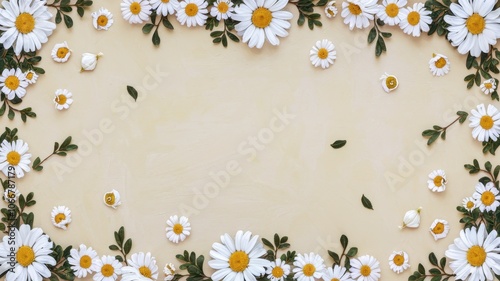 Floral Border Pattern with White and Yellow Flowers on Beige Background