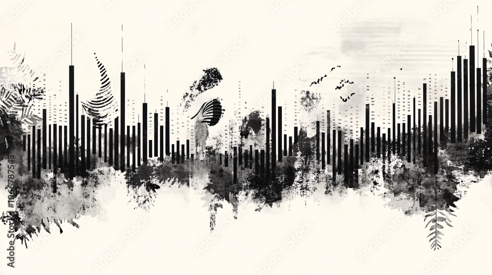 Fluctuating stock chart with peaks and valleys, symbolizing market risk and volatility with side empty space for text Fluctuating stock chart with peaks and valleys, symbolizing market risk and volatility with side empty space for text