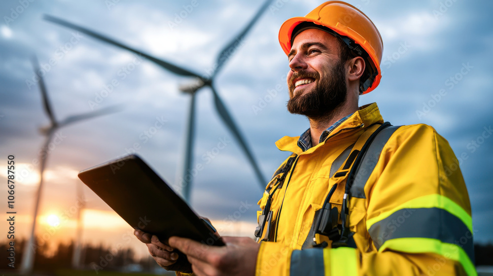 technician in safety jacket and helmet smiles while holding tablet, surrounded by wind turbines at sunset, showcasing positive work environment in renewable energy technician in safety jacket and helmet smiles while holding tablet, surrounded by wind turbines at sunset, showcasing positive work environment in renewable energy