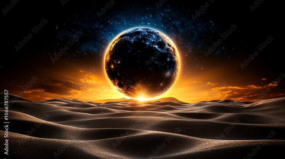 Dramatic Sunset over Desert Landscape with Planet and Stars Dramatic Sunset over Desert Landscape with Planet and Stars