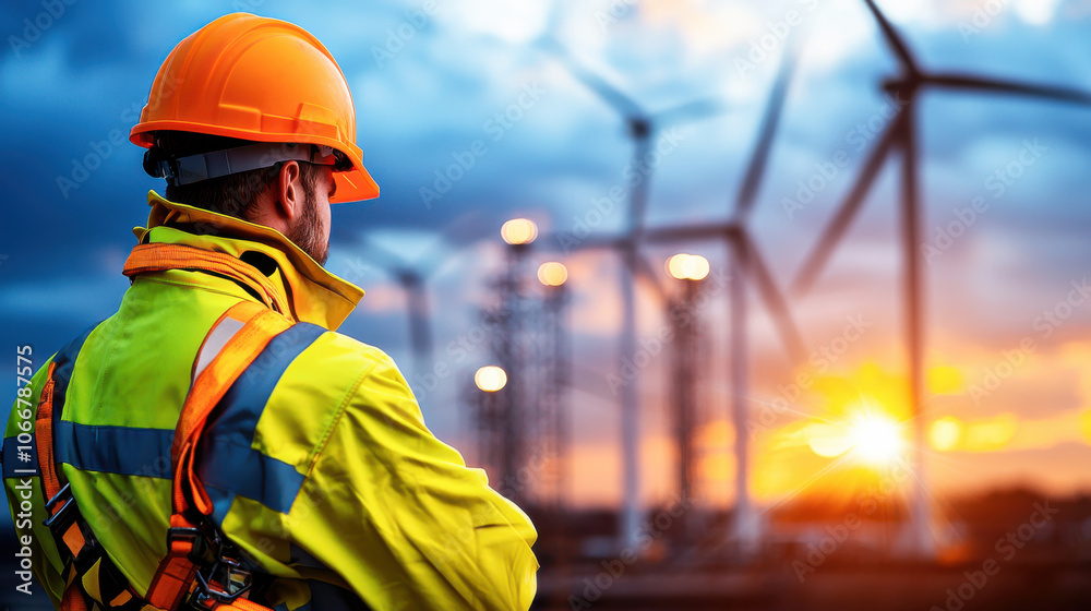 technician in safety helmet and reflective gear stands confidently in front of wind turbines at sunset, showcasing importance of renewable energy technician in safety helmet and reflective gear stands confidently in front of wind turbines at sunset, showcasing importance of renewable energy