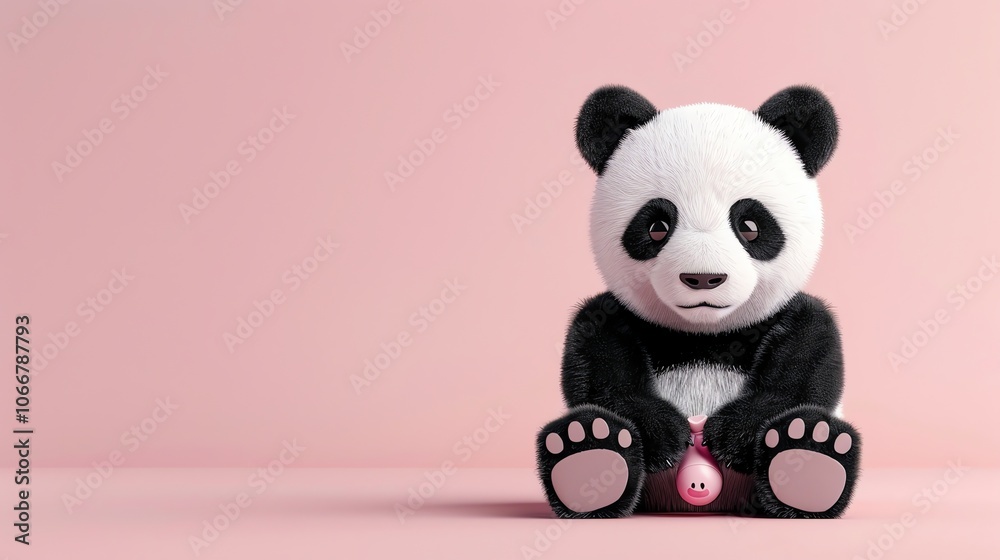 A cute cartoon panda bear sits on a pink piggy bank against a pink background. A cute cartoon panda bear sits on a pink piggy bank against a pink background.