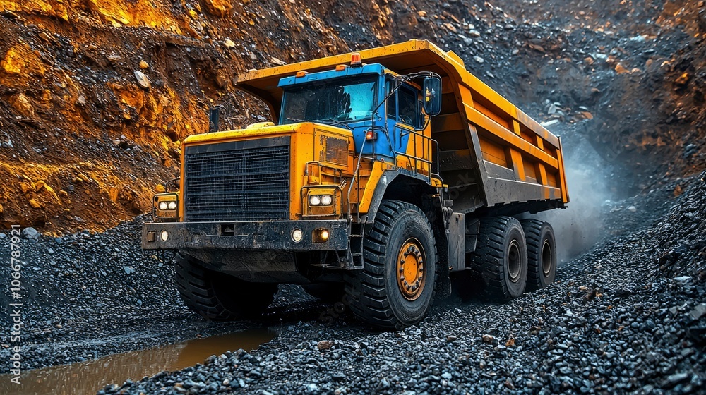 Yellow Dump Truck Driving on Gravel Road in Quarry Yellow Dump Truck Driving on Gravel Road in Quarry