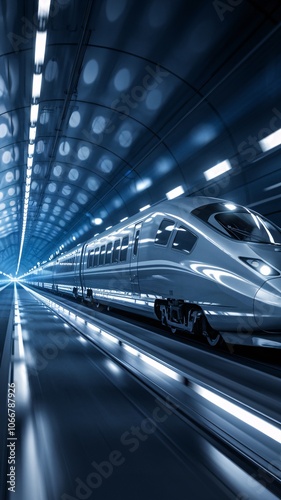 High Speed Rail Tunnel: A sleek, modern high-speed train races through a tunnel, its sleek lines and dynamic motion captured in a mesmerizing blur. The image exudes a sense of speed, progress.