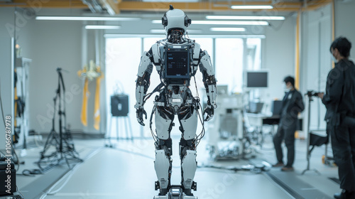 robotic exoskeleton designed to enhance human abilities in modern lab setting. advanced technology showcases innovation and potential in robotics