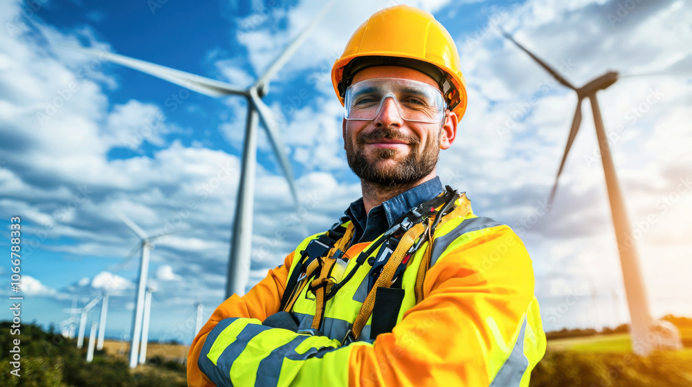 Wind turbine technician smiling confidently in safety helmet and bright work attire, surrounded by wind turbines under blue sky with clouds Wind turbine technician smiling confidently in safety helmet and bright work attire, surrounded by wind turbines under blue sky with clouds