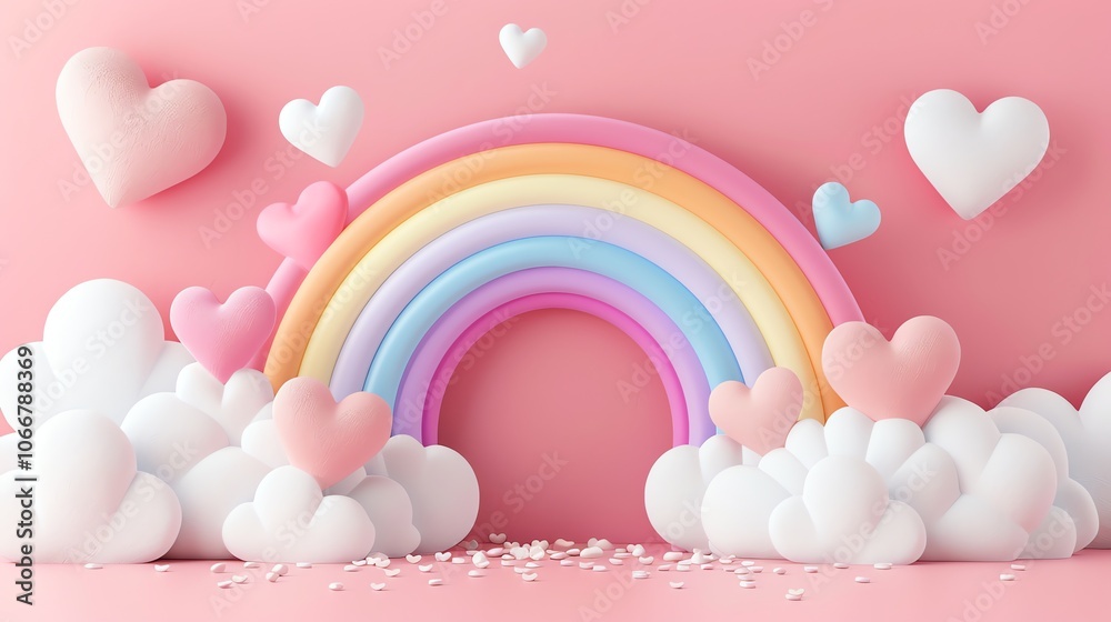 A rainbow arch with fluffy clouds and pink hearts against a pink background.