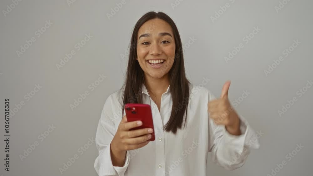 Woman smiling holding red smartphone while pointing and giving thumbs up against a plain background. Woman smiling holding red smartphone while pointing and giving thumbs up against a plain background.