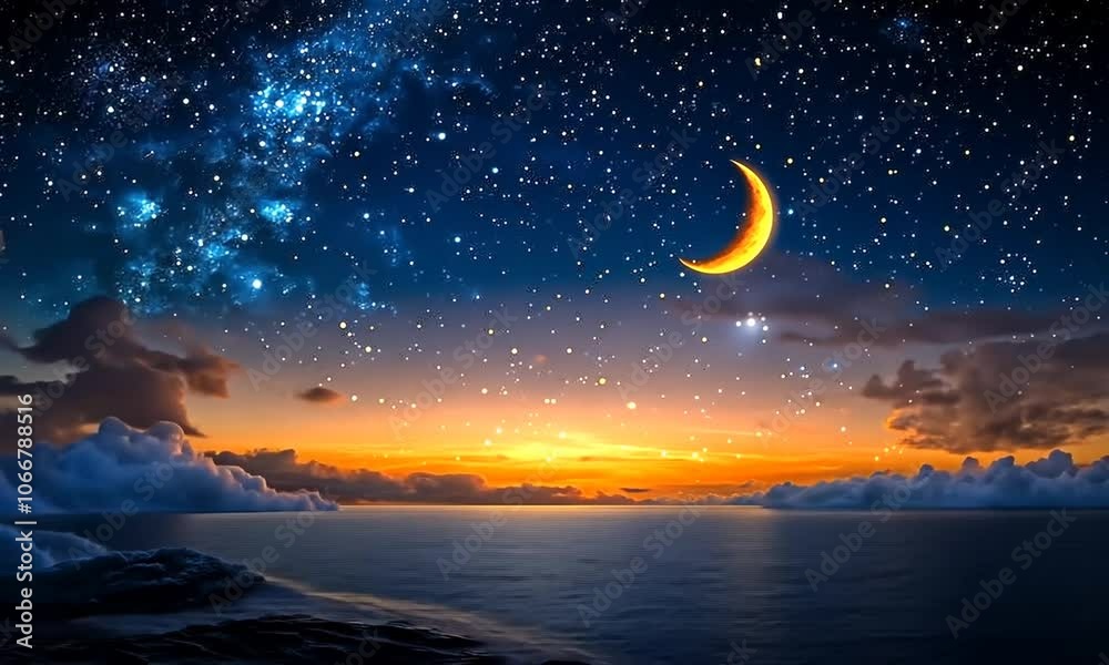 A breathtaking view of a crescent moon and stars over a vast body of water with clouds at sunset. A breathtaking view of a crescent moon and stars over a vast body of water with clouds at sunset.