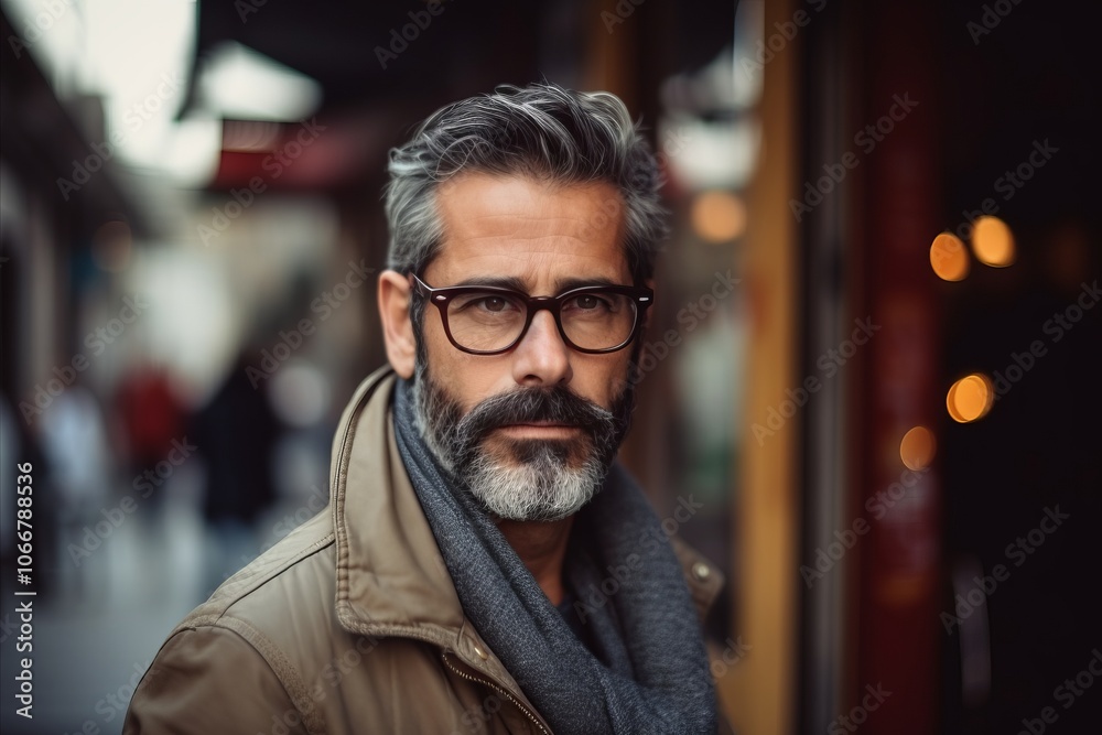 Portrait of a middle-aged man with a beard and glasses in the city