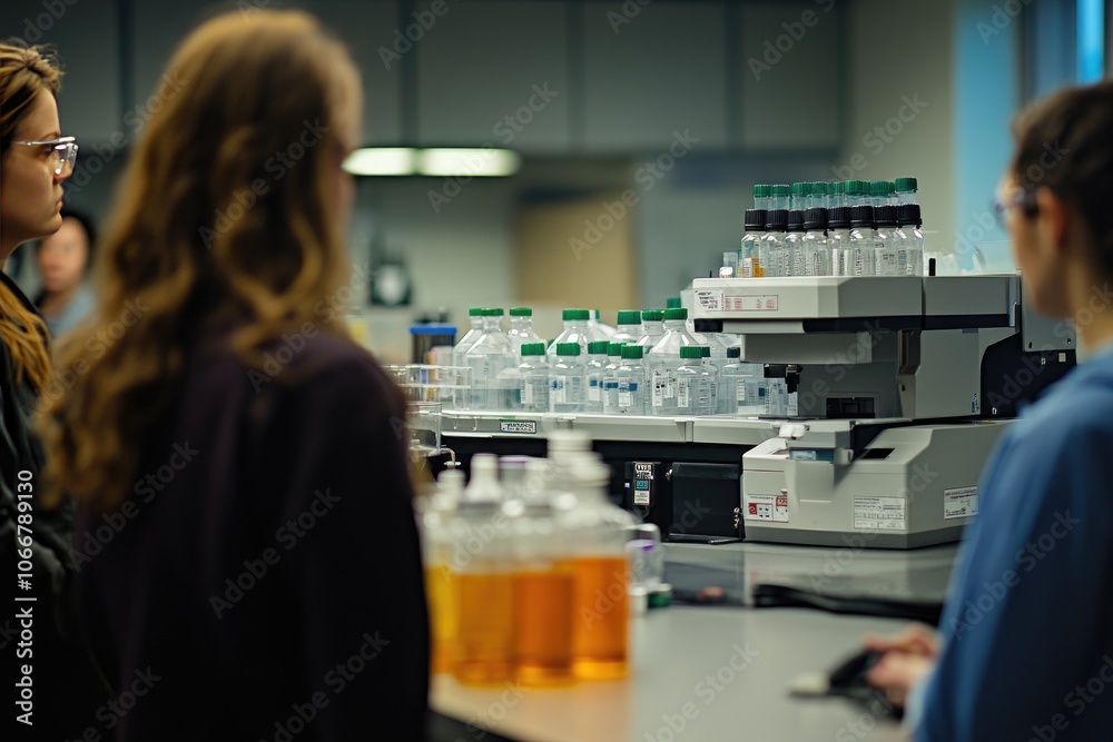 Obraz premium A woman works in a lab with vials of liquid. This photo depicts a woman working in a scientific lab.