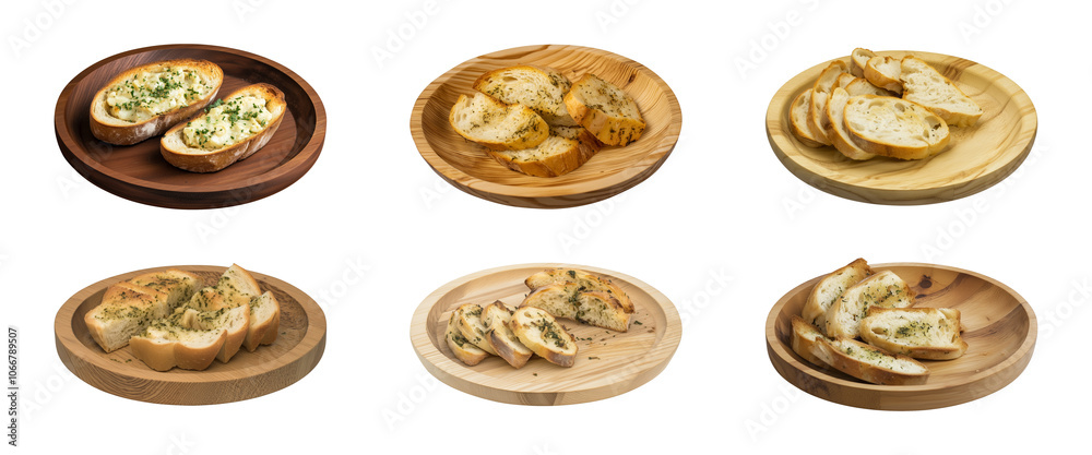 Garlic breads on round wooden plates isolated on a transparent or white background, cut out, PNG Garlic breads on round wooden plates isolated on a transparent or white background, cut out, PNG
