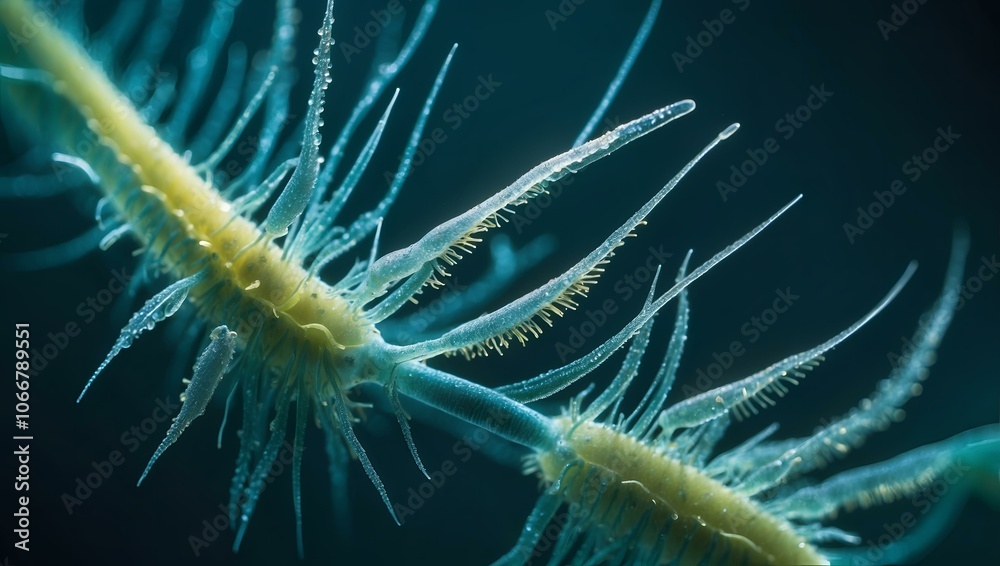 Microscopic plankton featuring intricate structures and vibrant colors in marine environment Microscopic plankton featuring intricate structures and vibrant colors in marine environment