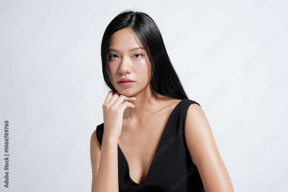 Fototapeta premium 黒いドレスを着た若い女性のスタイリッシュなポートレート