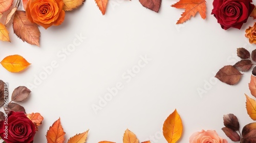 Fototapeta Naklejka Na Ścianę i Meble -  A decorative frame of vibrant roses and autumn leaves surrounds a blank white space.
