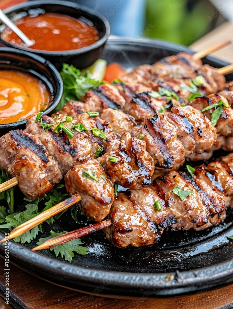 Grilled Pork Skewers Served with Dipping Sauces Grilled Pork Skewers Served with Dipping Sauces