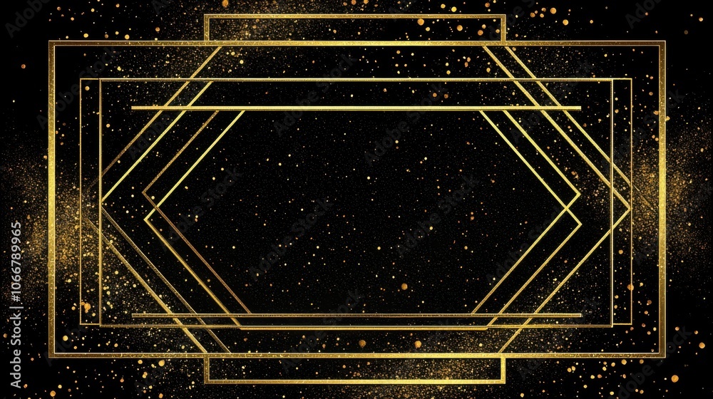 A decorative graphic featuring gold geometric frames and sparkling particles on a black background, ideal for invitations or celebrations. A decorative graphic featuring gold geometric frames and sparkling particles on a black background, ideal for invitations or celebrations.