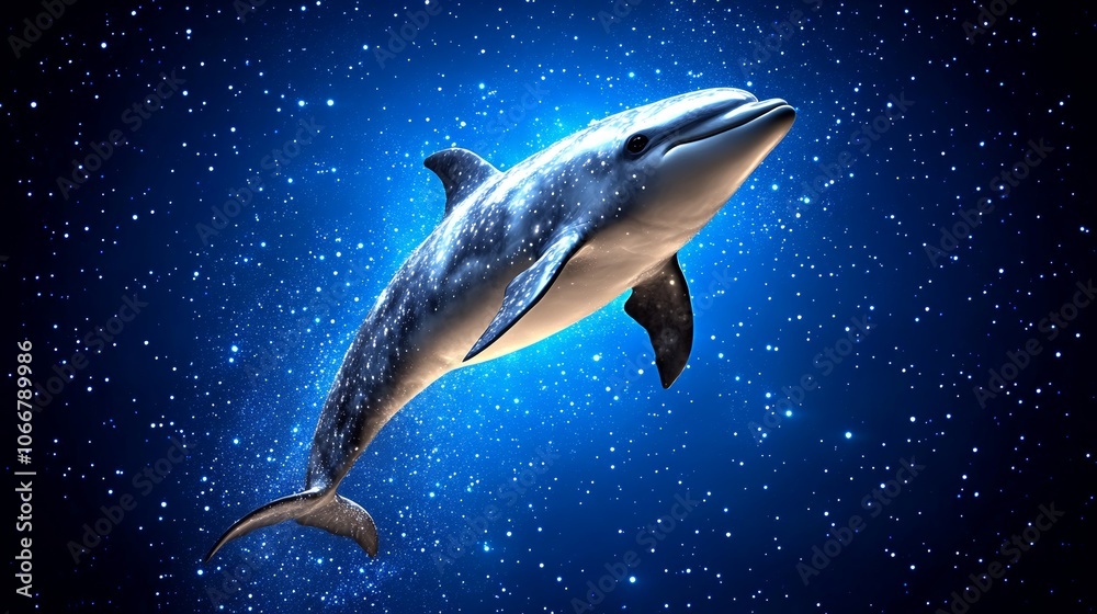 Naklejka premium Dolphin Leaping Through Starry Night Sky Marine Animal Aquatic Life Ocean Wildlife Underwater World