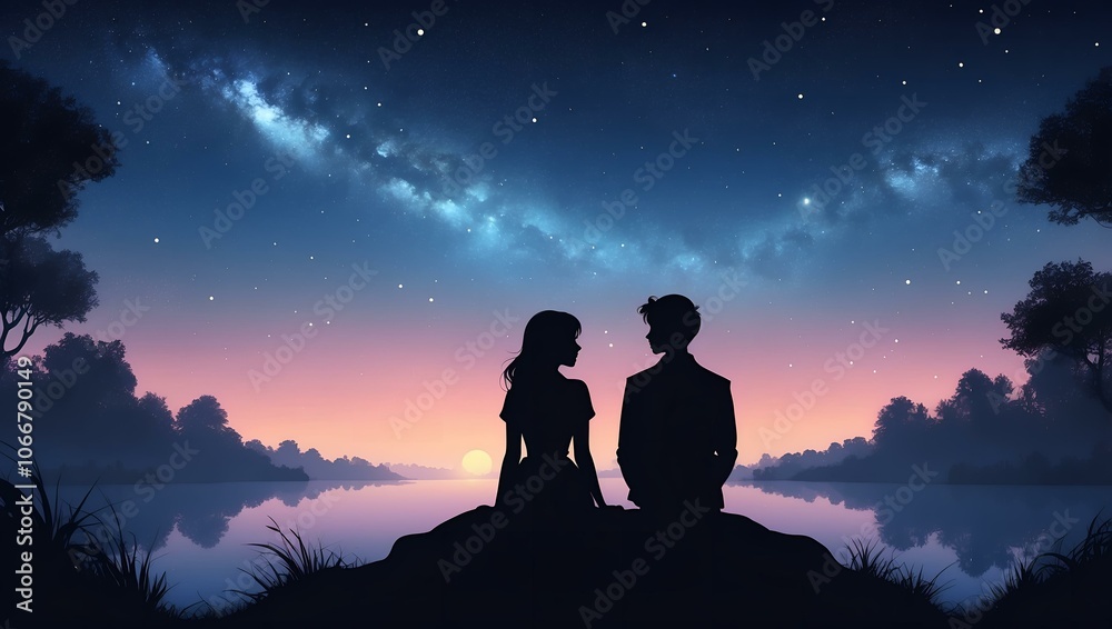 Silhouette couple enjoying romantic walk by the lake under starry sky at twilight Silhouette couple enjoying romantic walk by the lake under starry sky at twilight