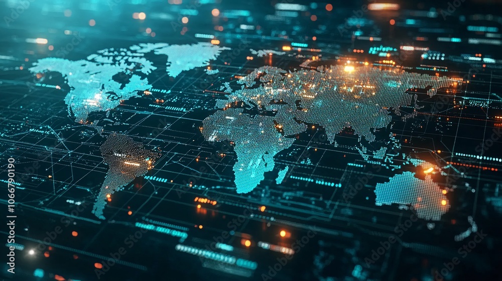 Obraz premium Abstract digital currency icons surrounding a world map, representing international trade and finance with side empty space for text
