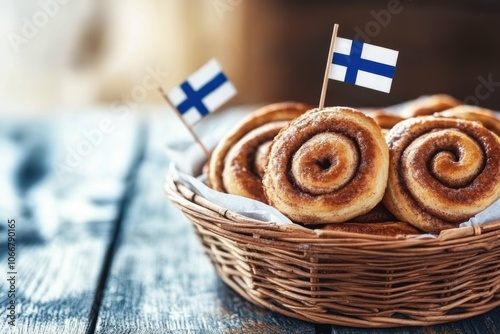 A wicker basket filled with warm cinnamon rolls, adorned with small Finnish flags, placed on a weathered wooden surface