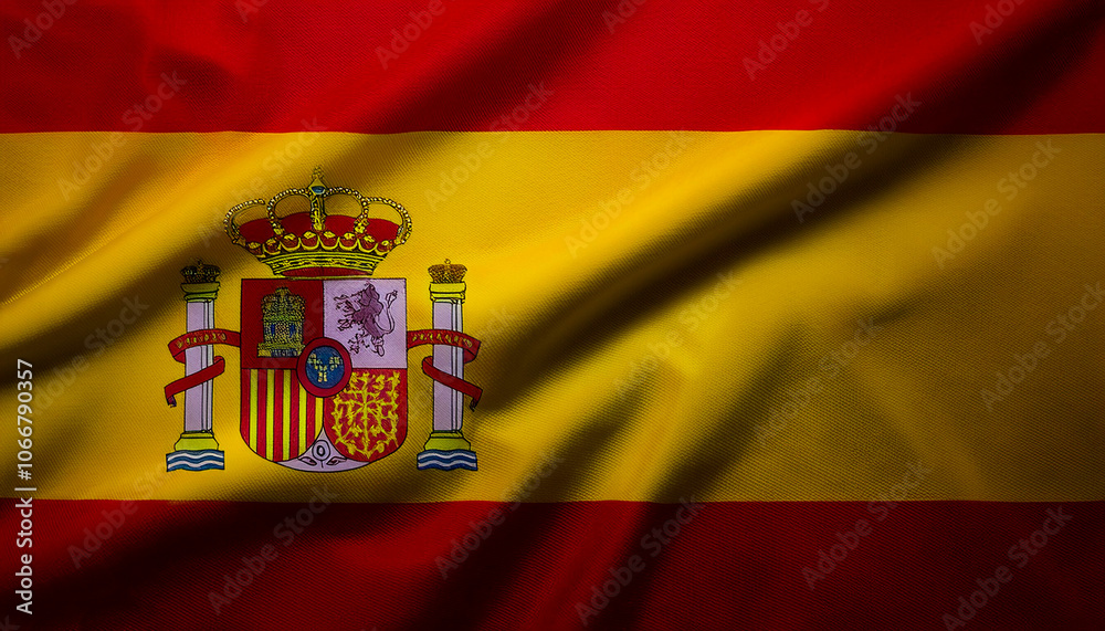Spanish flag waving in the wind. Close up of Spanish banner blowing, soft and smooth silk. Cloth fabric texture ensign background Spanish flag waving in the wind. Close up of Spanish banner blowing, soft and smooth silk. Cloth fabric texture ensign background