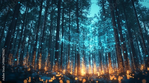 Futuristic Forest with Glowing Trees and Holographic Effects