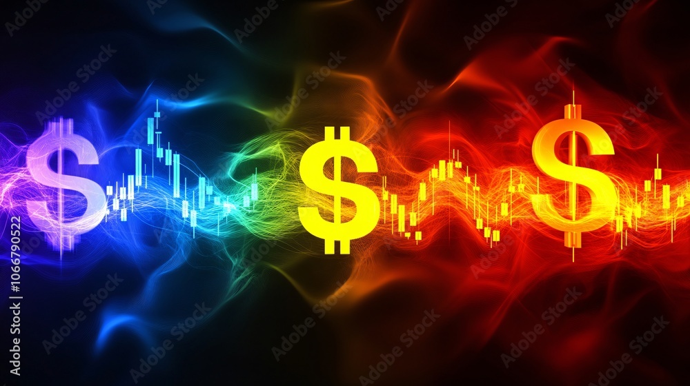 Abstract symbols for currency and stocks with trend lines, representing global market dynamics with side empty space for text Abstract symbols for currency and stocks with trend lines, representing global market dynamics with side empty space for text