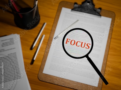 3D rendered "FOCUS" in bold red text under a magnifying glass on a clipboard paper, 3D rendered on a table.