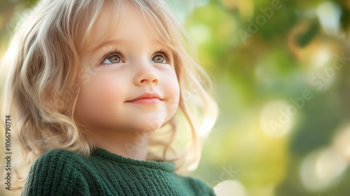 Curious and joyful expression of a young girl with blond hair and green sweater