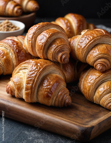 Fresh baked croissant with butter coffee for breakfast