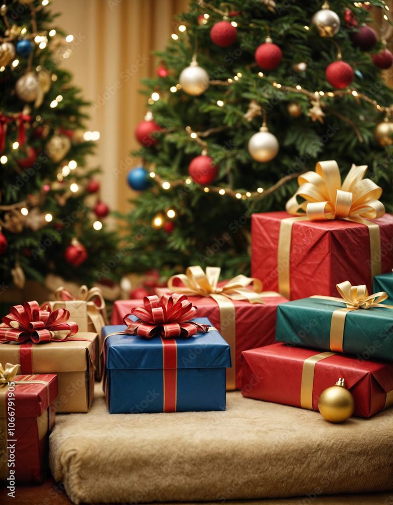 Giftboxes and decoration for xmas background with light and xmas tree Giftboxes and decoration for xmas background with light and xmas tree
