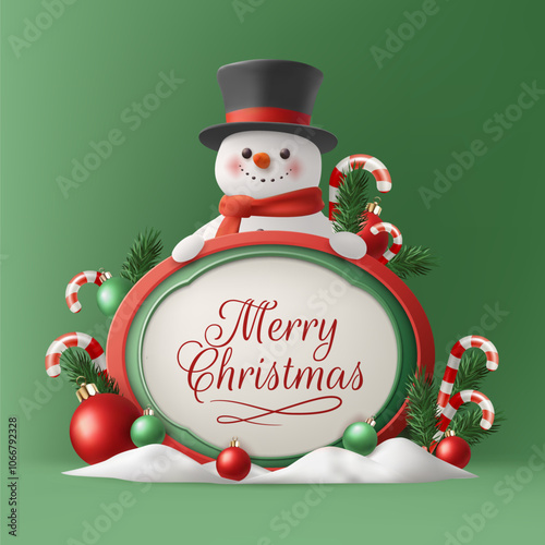 A festive 3D Merry Christmas banner with snowman on a podium with candy canes, balls and seasonal frame decorations in red and green. Perfect for holiday greetings, posters, or cards. Not AI.