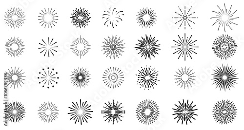 Vector set of retro style geometric shine icons, black circles isolated on white background, rays of explosions.