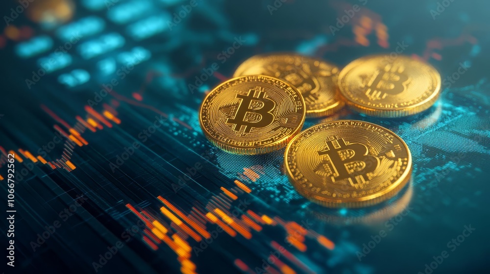 Gold coins on a futuristic financial chart, holographic highlights, modern finance theme, high contrast Gold coins on a futuristic financial chart, holographic highlights, modern finance theme, high contrast