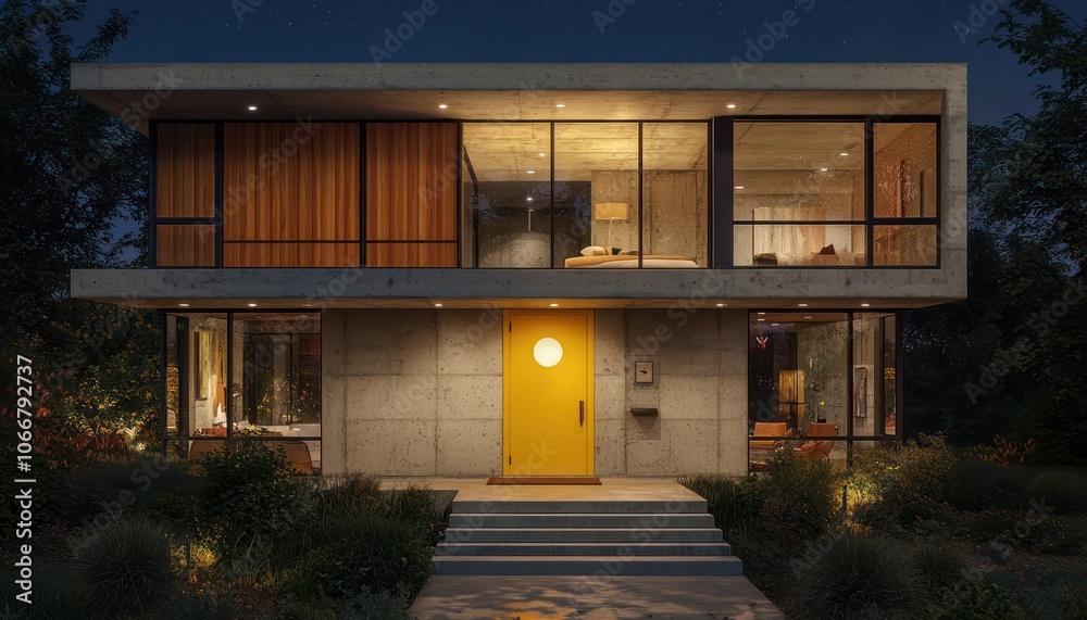 Ultra realistic night view of modern home with yellow door and concrete exterior.