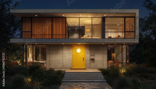 Obraz na płótnie Ultra realistic night view of modern home with yellow door and concrete exterior. w salonie