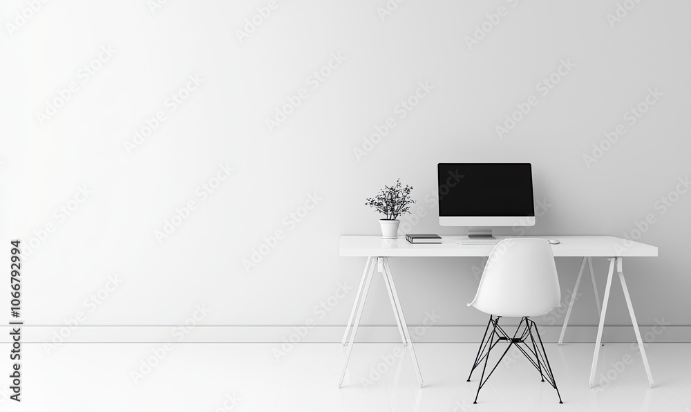 Minimalist white office interior with blank wall mockup, desk and computer on it, chair in front of the table modern home decor, interior design concept Minimalist white office interior with blank wall mockup, desk and computer on it, chair in front of the table modern home decor, interior design concept