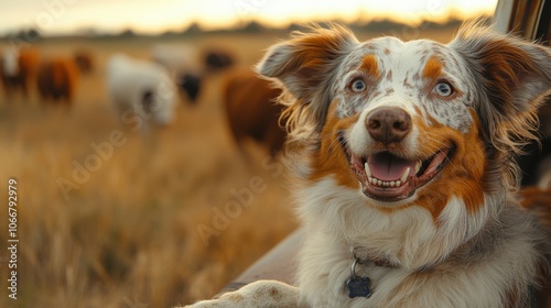 Happy Australian Shepherd dog in field, joyful expression, sunset farm scenery, cute pet, nature, outdoor adventure, smiling dog, farm life, furry friend, sunset countryside scene, animals photo