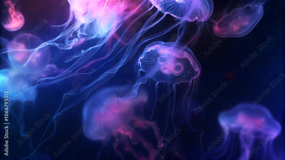 Naklejka premium Vibrant Jellyfish Background in Neon Pink and Blue - Fantasy Ocean Scene with Glowing Colors