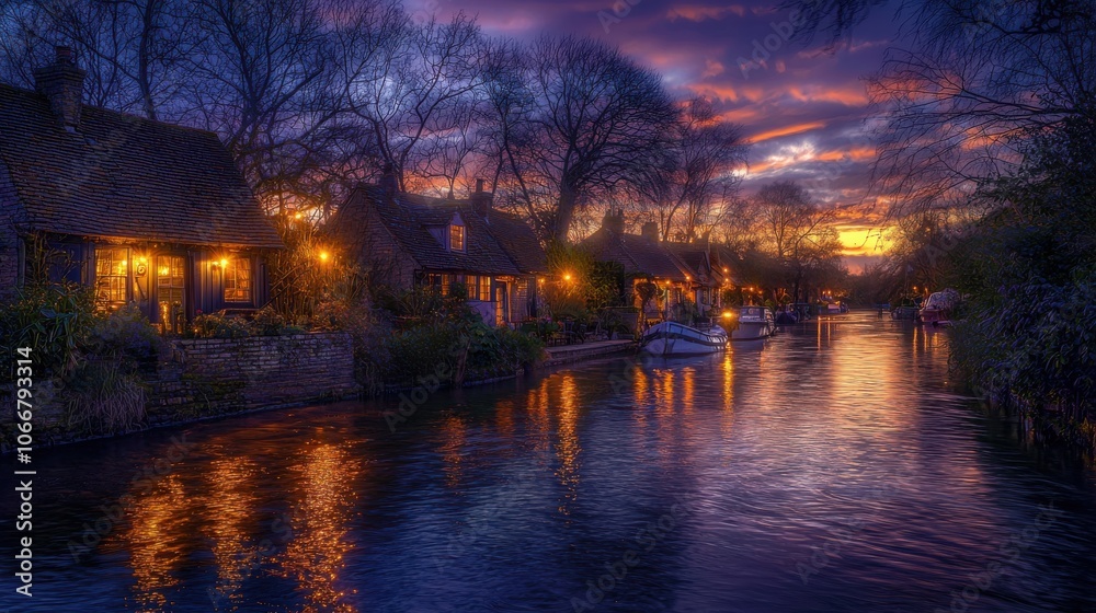 Fototapeta premium A serene twilight scene of a riverside village, featuring cozy cottages and reflections on the water under a colorful sunset.